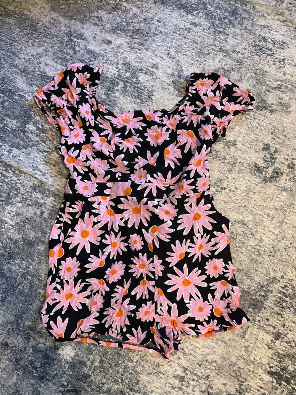 Lily Rose Black Romper with Pink Daisies and Orange Centers